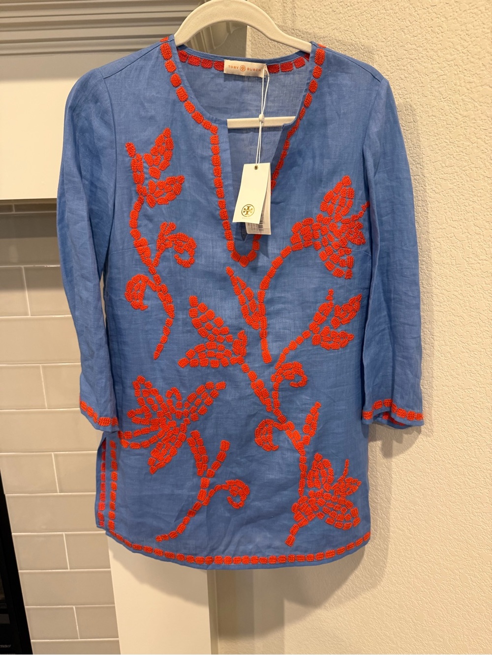 Tory Burch Light Blue Linen Tunic with Orange Crochet Trim